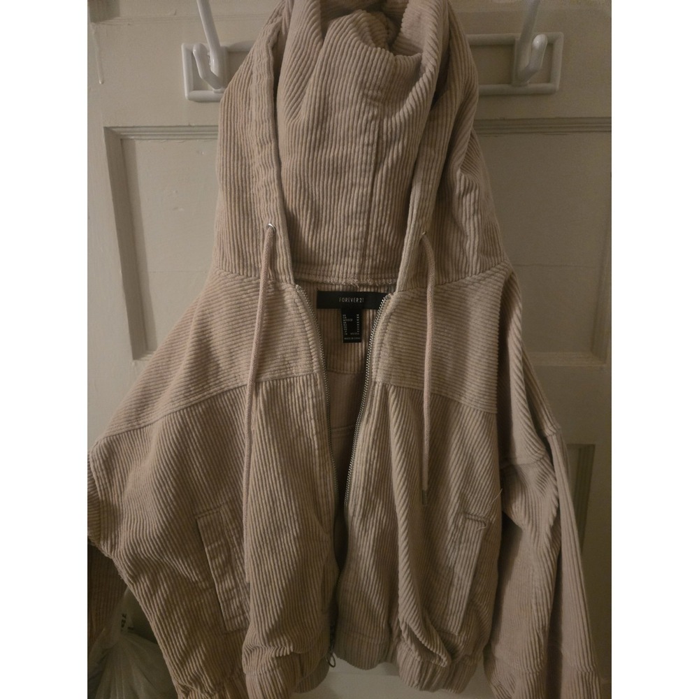 FOREVER 21 Tan Corduroy Zip Up Hoodie Jacket Women's Medium Casual Cropped